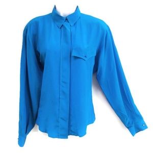 SiLK Designer Alan Austin Blouse Blue Italy Vintage 80s Rodeo Drive Boutique 12